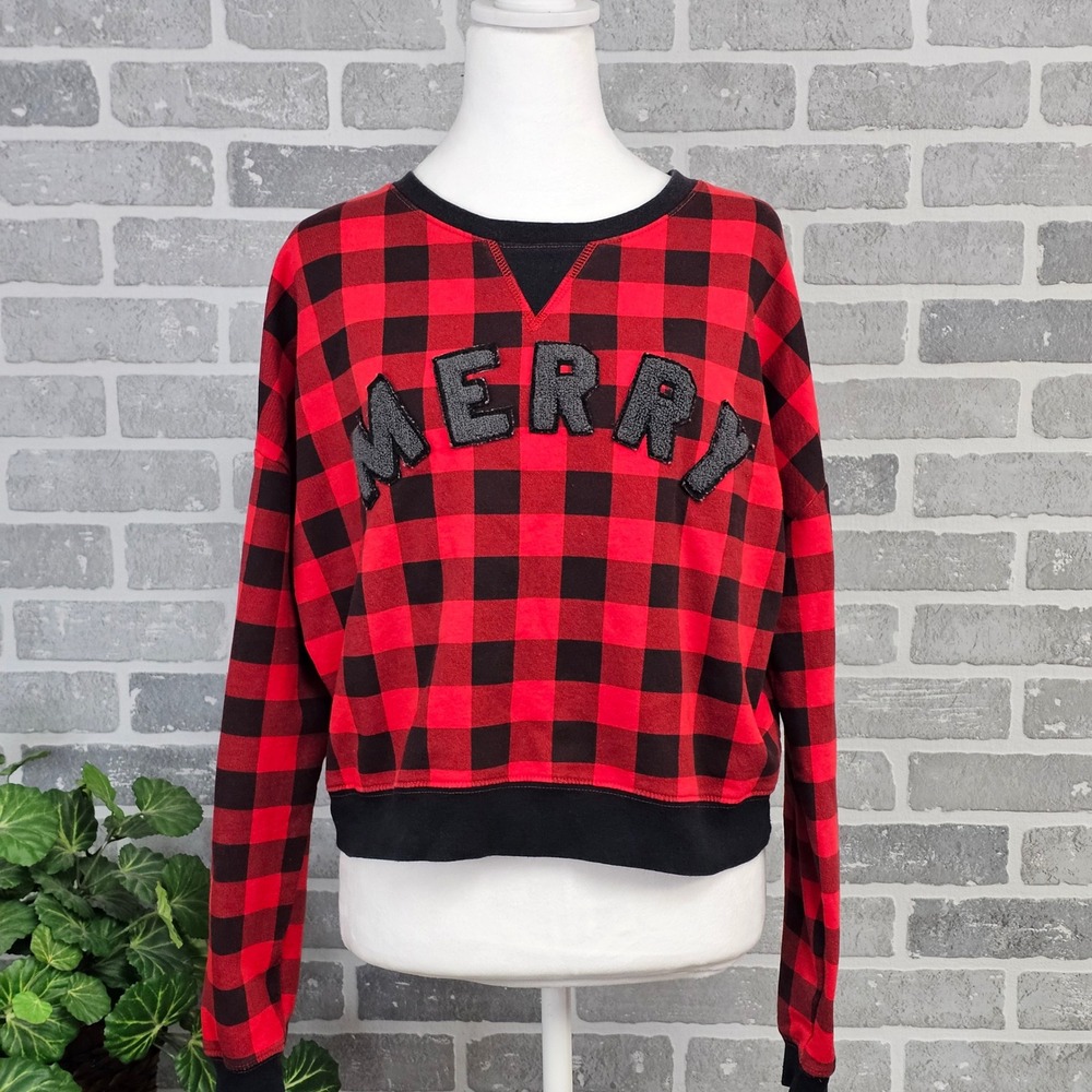 Fifth Sun‎ Women's Cropped Buffalo Plaid MERRY Sweatshirt Holiday Women's Large